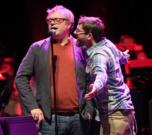 PHIL HOSSACK / WINNIPEG FREE PRESS Glen Phillips plays with Steven Page (left) Friday afternoon rehearsing with the Winnipeg Symphony Orchestra for their performance inSgt. Pepper's Lonely Hearts Club Band. See release.  APRIL 8, 2016