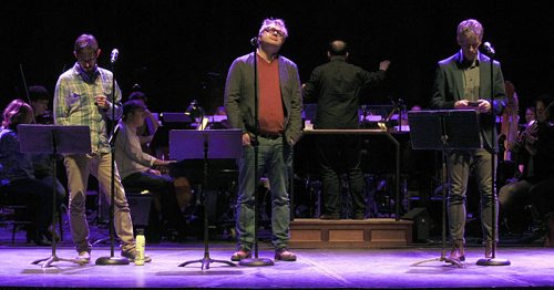 PHIL HOSSACK / WINNIPEG FREE PRESS Vocalists Glen Phillips,Steven Page and Craig Northey prep Friday afternoon rehearsing with the Winnipeg Symphony Orchestra for their performance inSgt. Pepper's Lonely Hearts Club Band. See release.  APRIL 8, 2016