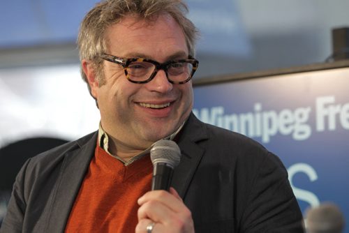 RUTH BONNEVILLE / WINNIPEG FREE PRESS  Steven Page (Barenaked Ladies) is interviewed at The Free Press Cafe by Geoff Kirbyson Friday afternoon.    April 08, 2016