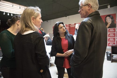 DAVID LIPNOWSKI / WINNIPEG FREE PRESS   Manitoba Liberal Party leader Rana Bokhari speaks with Federal Minister Jim Carr at her campaign headquarters on Osbourne Saturday morning prior to heading out to go door knocking on the first day of advance voting April 9, 2016.