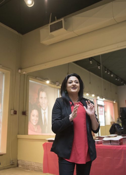 DAVID LIPNOWSKI / WINNIPEG FREE PRESS   Manitoba Liberal Party leader Rana Bokhari speaks to volunteers at her campaign headquarters on Osbourne Saturday morning prior to heading out to go door knocking on the first day of advance voting April 9, 2016.