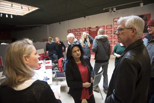 DAVID LIPNOWSKI / WINNIPEG FREE PRESS   Manitoba Liberal Party leader Rana Bokhari speaks with Federal Minister Jim Carr at her campaign headquarters on Osbourne Saturday morning prior to heading out to go door knocking on the first day of advance voting April 9, 2016.