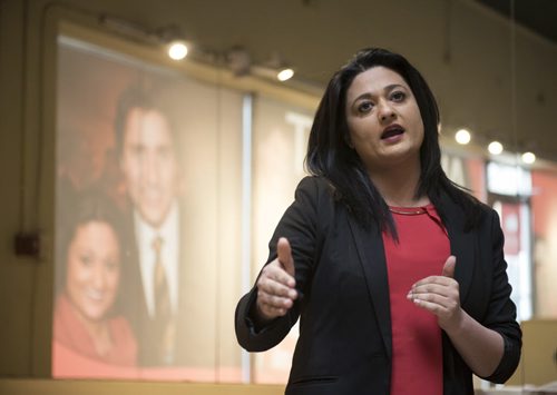 DAVID LIPNOWSKI / WINNIPEG FREE PRESS   Manitoba Liberal Party leader Rana Bokhari speaks to volunteers at her campaign headquarters on Osbourne Saturday morning prior to heading out to go door knocking on the first day of advance voting April 9, 2016.