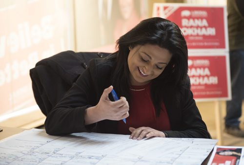DAVID LIPNOWSKI / WINNIPEG FREE PRESS   Manitoba Liberal Party leader Rana Bokhari works at her campaign headquarters on Osbourne Saturday morning prior to heading out to go door knocking on the first day of advance voting April 9, 2016.