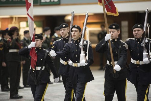 DAVID LIPNOWSKI / WINNIPEG FREE PRESS   Cadets during the Vimy Ridge Memorial Parade at Minto Armoury Honouring the 99th anniversary of the Battle of Vimy Ridge Saturday April 9, 2016.