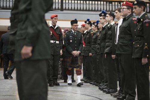 DAVID LIPNOWSKI / WINNIPEG FREE PRESS   Reviewing Officer HLCol Nick Logan reviews cadets during the Vimy Ridge Memorial Parade at Minto Armoury Honouring the 99th anniversary of the Battle of Vimy Ridge Saturday April 9, 2016.
