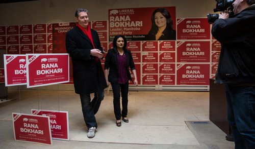 MIKE DEAL / WINNIPEG FREE PRESS Manitoba Liberal leader Rana Bokhari held a quick press conference to release part of her tax return and answer questions following NDP leader Greg Selinger's release of his 2014 tax return Sunday morning.  160410 - Sunday, April 10, 2016