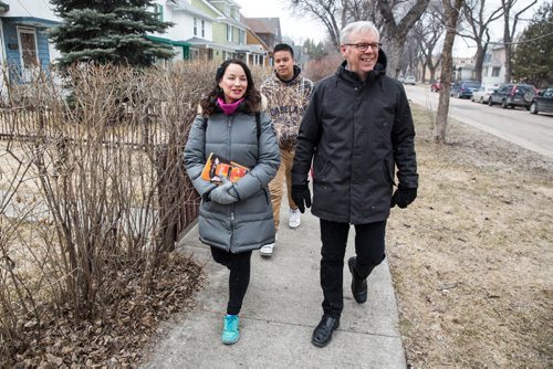 MIKE DEAL / WINNIPEG FREE PRESS NDP leader Greg Selinger goes canvassing with candidate Nahanni Fontaine (left) Sunday afternoon. 160410 - Sunday, April 10, 2016