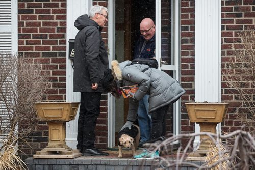MIKE DEAL / WINNIPEG FREE PRESS NDP leader Greg Selinger and candidate Nahanni Fontaine (right) chat with Ron Wasylycia-Leis and pet dog Scamp while they canvassing Sunday afternoon. 160410 - Sunday, April 10, 2016
