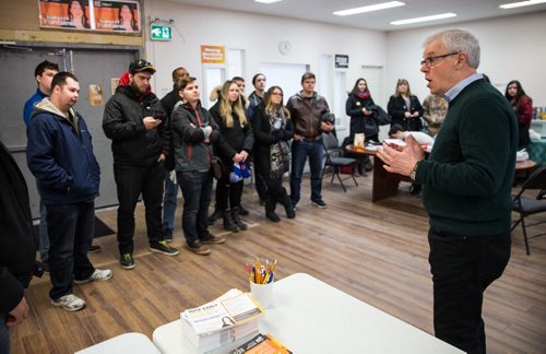 MIKE DEAL / WINNIPEG FREE PRESS NDP leader Greg Selinger gives a pep talk before volunteers go canvassing with candidate Nahanni Fontaine Sunday afternoon. 160410 - Sunday, April 10, 2016