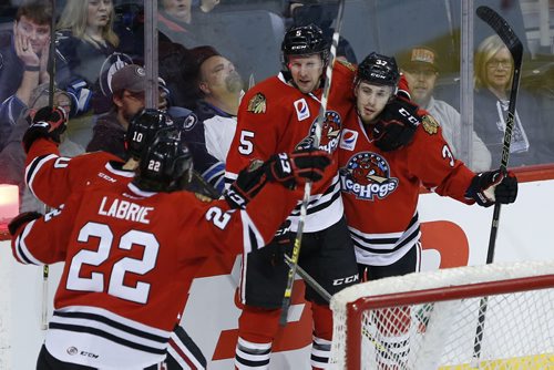 JOHN WOODS / WINNIPEG FREE PRESS Rockford Icehogs' Cameron Schilling (5), Tanner Kero (10), Tyler Motte (37) and Pierre-Cedric Labrie (22) celebrate Schilling's goal against the Manitoba Moose during first period AHL action in Winnipeg on Sunday, April 10, 2016.