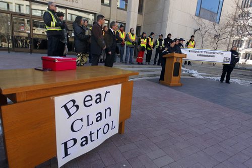 BORIS MINKEVICH / WINNIPEG FREE PRESS Smudging Ceremony led by the Bear Clan Patrol to celebrate 2016 National Public Safety Telecommunicators Week. His Worship, Mayor Brian Bowman and Chief John Lane, Winnipeg Fire Paramedic Service was there. Event held at City Hall courtyard  510 Main Street. April 11, 2016 -30-