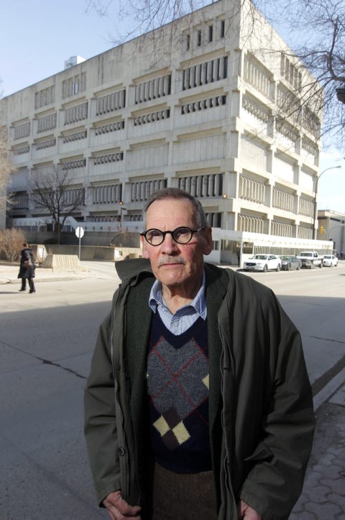 BORIS MINKEVICH / WINNIPEG FREE PRESS Winnipeg architect Leslie (Les) Stechesen in front of the old PSB building. April 12, 2016 -30-