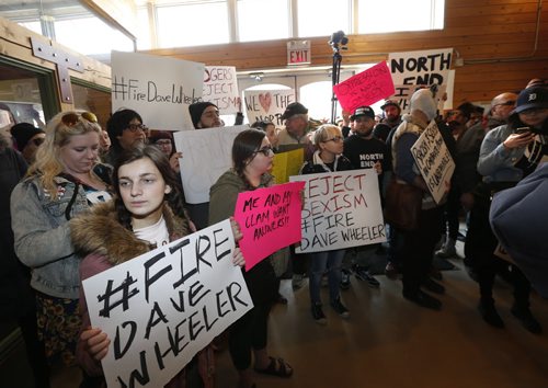 WAYNE GLOWACKI / WINNIPEG FREE PRESS  About 60 protested outside the CITI FM studio Tuesday afternoon in the Osborne Village calling for the host Dave Wheeler's termination in response to the racist and sexist videos posted. Dave Wheeler was suspended by the station Tuesday morning.  April 12  2016