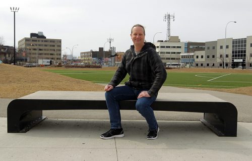 BORIS MINKEVICH / WINNIPEG FREE PRESS ELECTION - riding profile - Altemeyer Wolseley riding profile, NDP candidate Rob Altemeyer. Photo taken on Portage near Borrowman Place. In background is the new outside Gordon Bell green space/soccer field. April 12, 2016 -30-