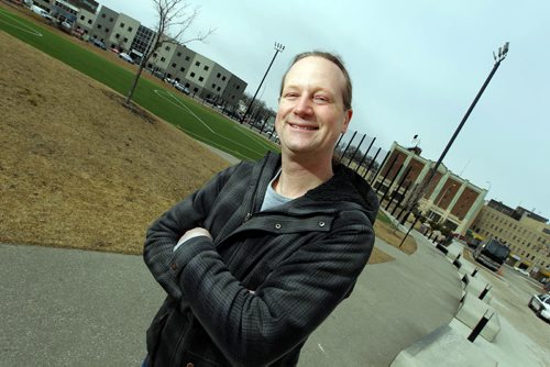 BORIS MINKEVICH / WINNIPEG FREE PRESS ELECTION - riding profile - Altemeyer Wolseley riding profile, NDP candidate Rob Altemeyer. Photo taken on Portage near Borrowman Place. In background is the new outside Gordon Bell green space/soccer field. April 12, 2016 -30-