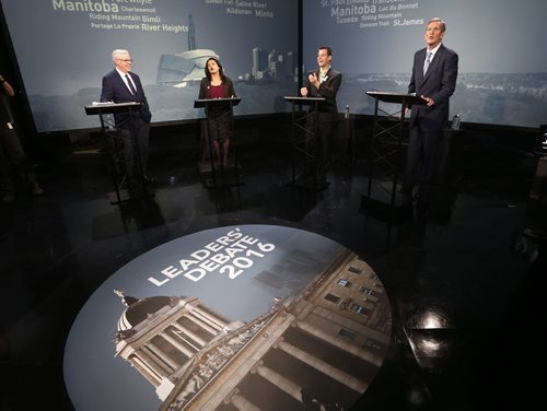 JOHN WOODS / WINNIPEG FREE PRESS Manitoba party leaders (from left) Greg Selinger (NDP), Rana Bokhari (Liberal), James Beddome (Green Party) and  Brian Pallister (PC) take part in a CBC/CTV debate at CBC in Winnipeg Tuesday, April 12, 2016.