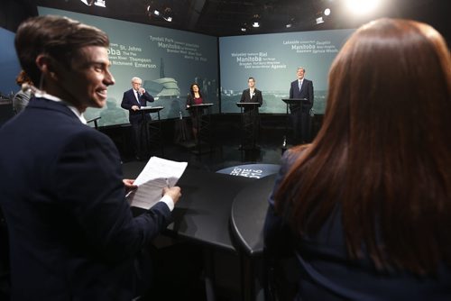 JOHN WOODS / WINNIPEG FREE PRESS Manitoba party leaders (from left) Greg Selinger (NDP), Rana Bokhari (Liberal), James Beddome (Green Party) and  Brian Pallister (PC) take part in a CBC/CTV debate at CBC in Winnipeg Tuesday, April 12, 2016.