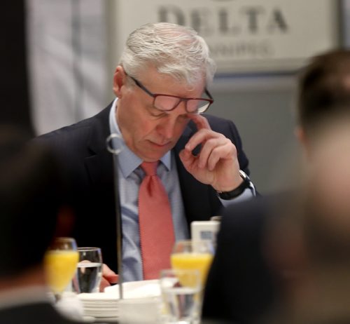WAYNE GLOWACKI / WINNIPEG FREE PRESS  ¤NDP Leader Greg Selinger looks over his notes before he speaks at¤the Manitoba Chambers of Commerce¤breakfast Wednesday. The Premier was the key note speaker at the event held in the Delta Hotel.¤ Kristin Annable  story   April 13  2016