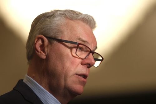 WAYNE GLOWACKI / WINNIPEG FREE PRESS  ¤NDP Leader Greg Selinger speaks to media after ¤the Manitoba Chambers of Commerce¤breakfast Wednesday. The Premier was the key note speaker at the event held in the Delta Hotel.¤ Kristin Annable  story   April 13  2016