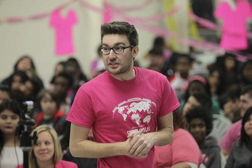RUTH BONNEVILLE / WINNIPEG FREE PRESS  Pink Day Co-founder Travis Price, talks to kids about the importance of standing beside someone being bullied at Gordon Bell School for Pink Day Wednesday.  April 13, 2016