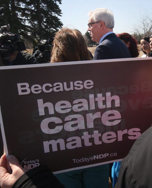 JOE BRYKSA / WINNIPEG FREE PRESS  NDP Leader Greg Selinger stood near the Grace Hospital in Winnipeg Tuesday afternoon warning Manitobans that privatized Heath Care is a concern, Apr 13, 2016.