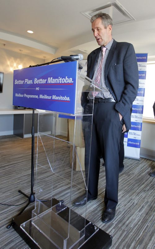 BORIS MINKEVICH / WINNIPEG FREE PRESS Progressive Conservative Leader Brian Pallister announces PC priorities for a better Manitoba. Lower taxes, better services, stronger economy  PC vision for Manitoba. Photographed at Inn at the Forks, 75 Forks Market Road. April 13, 2016 -30-