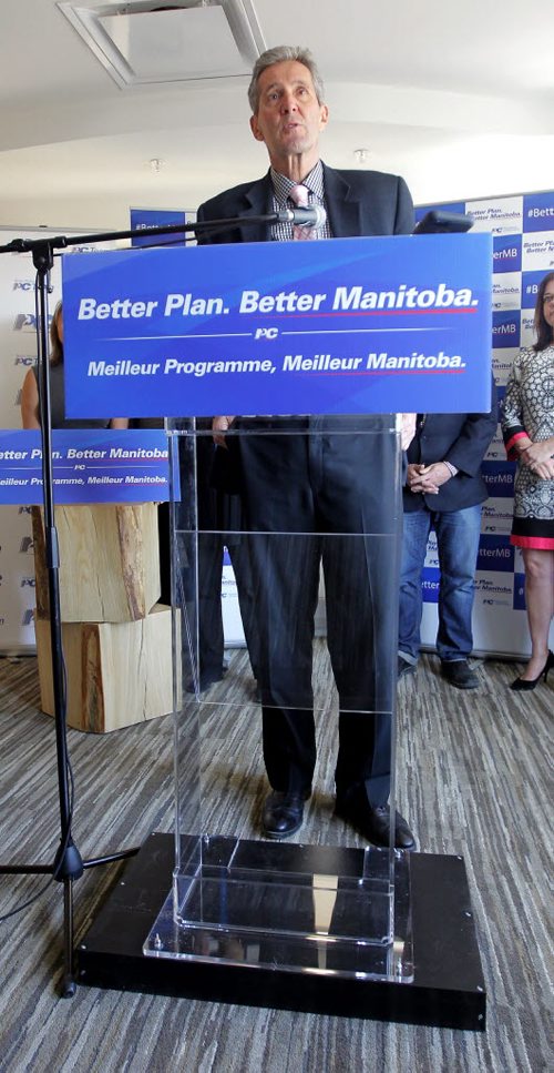 BORIS MINKEVICH / WINNIPEG FREE PRESS Progressive Conservative Leader Brian Pallister announces PC priorities for a better Manitoba. Lower taxes, better services, stronger economy  PC vision for Manitoba. Photographed at Inn at the Forks, 75 Forks Market Road. April 13, 2016 -30-