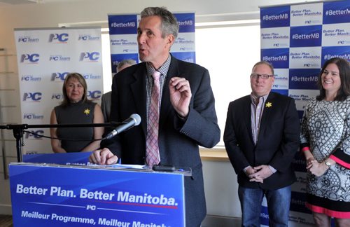 BORIS MINKEVICH / WINNIPEG FREE PRESS Progressive Conservative Leader Brian Pallister announces PC priorities for a better Manitoba. Lower taxes, better services, stronger economy  PC vision for Manitoba. Photographed at Inn at the Forks, 75 Forks Market Road. April 13, 2016 -30-