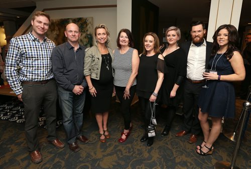 JASON HALSTEAD / WINNIPEG FREE PRESS  L-R: Event committee members Max Bachman, Roger Burns, Amber van den Broek, Amanda Jones, Susan Belanger, Bri O'Neill, John Mark Wilderspin and Kendra Gilbert at WinnipegREALTORS' 7th annual Gimme Shelter Fundraiser at the Metropolitan Entertainment Centre on March 15, 2016. (See Social Page)