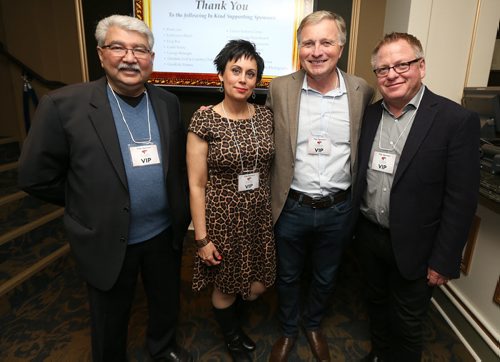 JASON HALSTEAD / WINNIPEG FREE PRESS  L-R: Eric Joseph, Linda van den Broek and Cliff King of RE/MAX Executives, and Mark Thiessen of RE/MAX Professionals. RE/MAX Executives and RE/MAX Professionals were presenting sponsors for WinnipegREALTORS' 7th annual Gimme Shelter Fundraiser at the Metropolitan Entertainment Centre on March 15, 2016. (See Social Page)