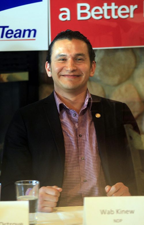 PHIL HOSSACK / WINNIPEG FREE PRESS Wab Kinew - NDP, in front of fort Rouge / Osborne Village residents who packed Buccacino's Fresca Italiana in Osborne Village Wednesday afternoon to hear the slate of candidates. See Geoff Kirbyson's story.  APRIL 13, 2016