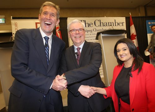 JOE BRYKSA / WINNIPEG FREE PRESS  Brian Pallister- PC leader, left,  Greg Selinger- NDP Leader,centre, and  Rana Bokhari-Liberal Leader, prior to the start of  The Winnipeg Chamber of Commerce debate at the RBC Convention Centre Wendesday , April 14, 2016.( See Larry Kusch story)