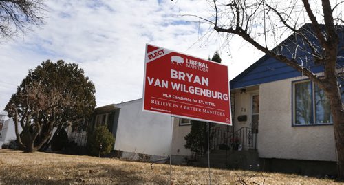WAYNE GLOWACKI / WINNIPEG FREE PRESS  An election sign for Bryan Van Wilgenburg, Liberal candidate for St. Vital on a lawn on Barton Ave.   April 14  2016