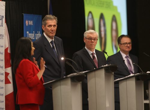 JOE BRYKSA / WINNIPEG FREE PRESSRana Bokhari-Liberal Leader,  Brian Pallister- PC leader, and ,  Greg Selinger- NDP Leader,right, during The Winnipeg Chamber of Commerce debate at the RBC Convention Centre Wendesday , April 14, 2016.( Standup Photo)