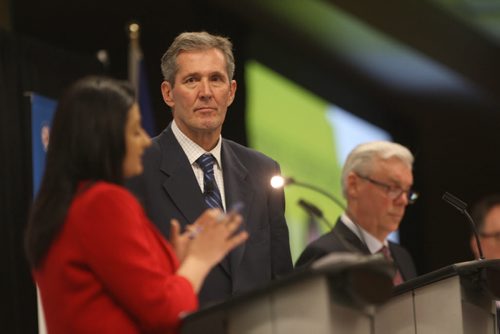 JOE BRYKSA / WINNIPEG FREE PRESSRana Bokhari-Liberal Leader,  Brian Pallister- PC leader, and ,  Greg Selinger- NDP Leader,right, during The Winnipeg Chamber of Commerce debate at the RBC Convention Centre Wendesday , April 14, 2016.( Standup Photo)
