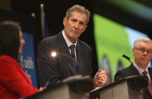JOE BRYKSA / WINNIPEG FREE PRESSRana Bokhari-Liberal Leader,  Brian Pallister- PC leader, and ,  Greg Selinger- NDP Leader,right, during The Winnipeg Chamber of Commerce debate at the RBC Convention Centre Wendesday , April 14, 2016.( See Larry Kusch story)
