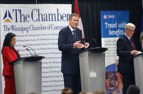 JOE BRYKSA / WINNIPEG FREE PRESSRana Bokhari-Liberal Leader,  Brian Pallister- PC leader, and ,  Greg Selinger- NDP Leader,right, during The Winnipeg Chamber of Commerce debate at the RBC Convention Centre Wendesday , April 14, 2016.( See Larry Kusch story)