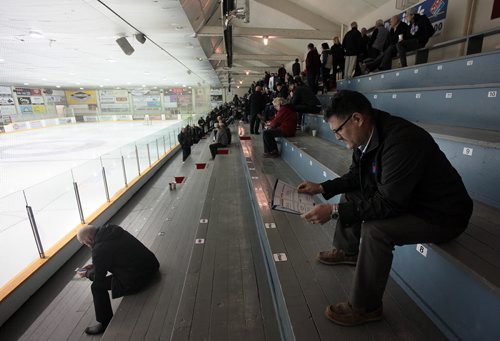 PHIL HOSSACK / WINNIPEG FREE PRESS Fans waited patiently till 5:30 for a 4 o'clock game between Isle des Chenes Northstars and Shellbrook Elks . The Allen Cup game was delayed and then forfeited after Isle des Chenes was found to have an ineligble player (check Jeff Hamilton's story for the exact violation) APRIL 14, 2016