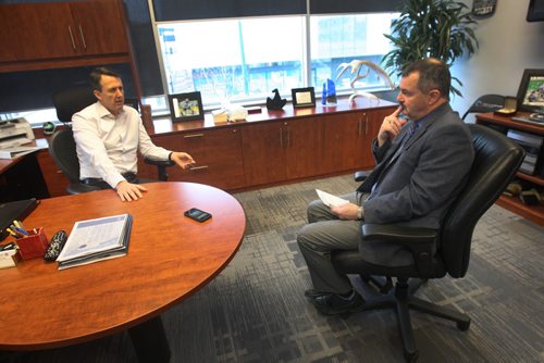 JOE BRYKSA / WINNIPEG FREE PRESS  Mark Chipman -Executive Chairman of the Board of True North Sports & Entertainment does one on one interview with Winnipeg Free Press hockey writer Tim Cambell, Apr 15, 2016.(See Tim Campbell story)