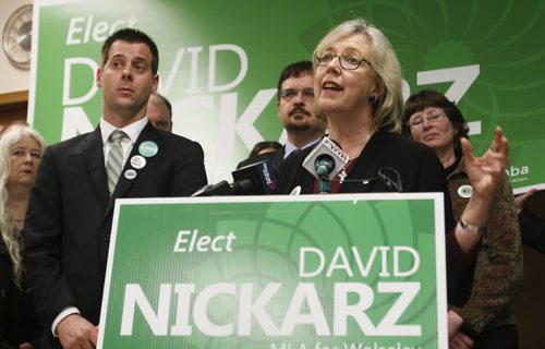 BAILEY HILDEBRAND / WINNIPEG FREE PRESS  Elizabeth May, Green Party of Canada leader, visited Green Party of Manitoba Wolseley candidate David Nickarz's campaign headquarters to give the party a boost in the last weekend before the provincial election Friday, April 15, 2016. May attended events with provincial party leader James Beddome and Nickarz, left from left to right, throughout the day.