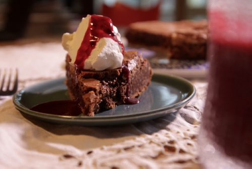 RUTH BONNEVILLE / WINNIPEG FREE PRESS  RECIPES FF Chocolate almond Torte with blackberry manischevitz sauce and fresh whipped cream.  April 15, 2015