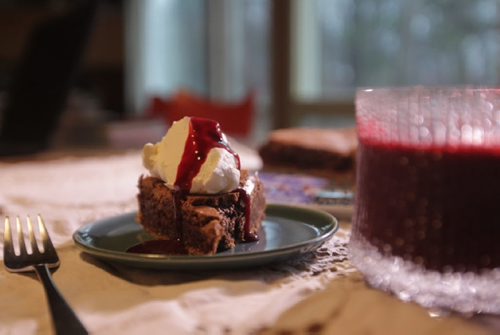 RUTH BONNEVILLE / WINNIPEG FREE PRESS  RECIPES FF Chocolate almond Torte with blackberry manischevitz sauce and fresh whipped cream. April 15, 2015