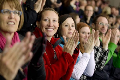 RUTH BONNEVILLE / WINNIPEG FREE PRESS  Fans cheer on the Steinbach's Prairie Thunder Hockey team after they score their first goal at the Allen Cup tournament in Steinbach Mb. Friday night.    See Jeff Hamilton's story.  April 15, 2016