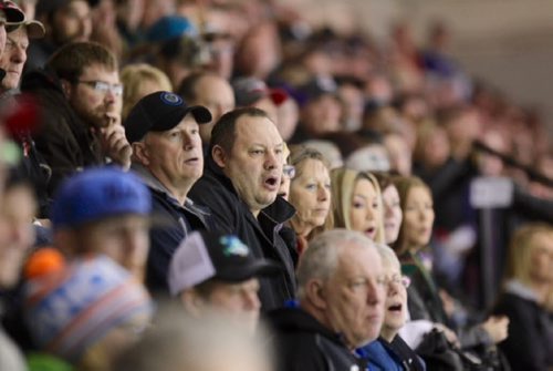 RUTH BONNEVILLE / WINNIPEG FREE PRESS  Fans watch the play by play action of the players on the ice during the semi-finals Allen Cup tournament in Steinbach Mb. Friday night.    See Jeff Hamilton's story.  April 15, 2016