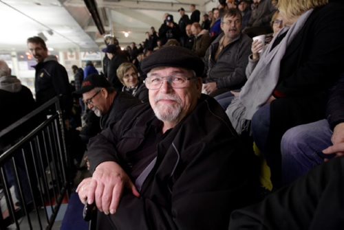 RUTH BONNEVILLE / WINNIPEG FREE PRESS  Hockey fan Chuck O'Neill in the stands at the Allen Cup tournament in Steinbach Mb. Friday night.    See Jeff Hamilton's story.  April 15, 2016