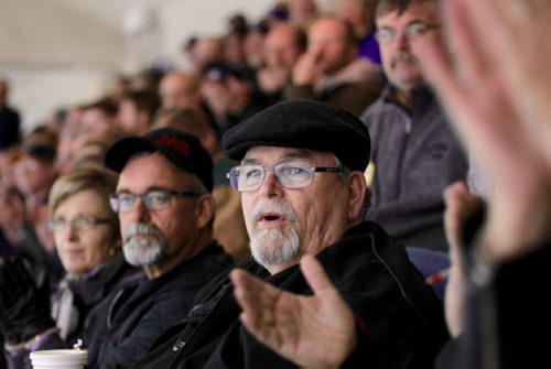 RUTH BONNEVILLE / WINNIPEG FREE PRESS  Hockey fan Chuck O'Neill in the stands at the Allen Cup tournament in Steinbach Mb. Friday night.    See Jeff Hamilton's story.  April 15, 2016