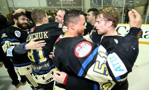 TREVOR HAGAN / WINNIPEG FREE PRESS The Bentley Generals celebrate winning the 2016 Allan Cup in Steinbach after defeating the Southeast Prairie Thunder in overtime, Saturday, April 16, 2016.