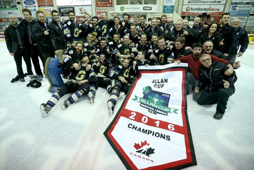 TREVOR HAGAN / WINNIPEG FREE PRESS The Bentley Generals celebrate winning the 2016 Allan Cup in Steinbach after defeating the Southeast Prairie Thunder in overtime, Saturday, April 16, 2016.