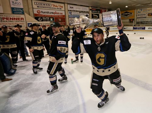 TREVOR HAGAN / WINNIPEG FREE PRESS Bentley Generals Teegan Moore celebrates winning the 2016 Allan Cup in Steinbach after defeating the Southeast Prairie Thunder in overtime, Saturday, April 16, 2016.